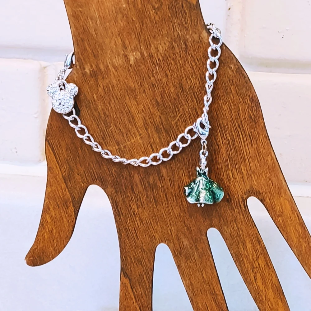 DISNEY GREEN ENAMEL ROSE AND CZ MICKEY CHARM BRACELET - Picture 6 of 8